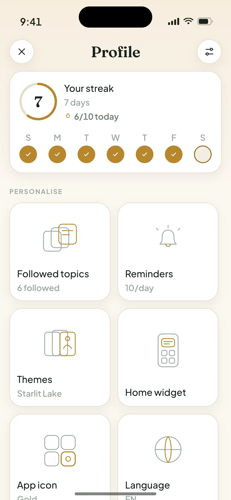 The Qatra profile screen, showing the streak ring and the week